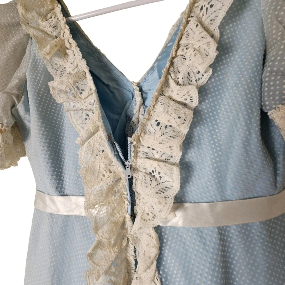 VTG Prairie Dress Sheer Mesh Overlay  7 Bany‎ Blue Lace Trim 1970s Cottagecore